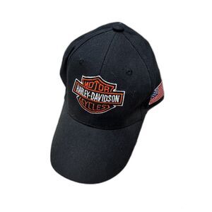 Harley Davidson Embroidered Baseball Cap, US Flag & H-D Motorcycle Logo, Black